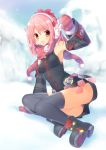  1girl :d bare_shoulders black_legwear blush boots bow brown_eyes detached_sleeves earmuffs hair_bow long_hair looking_at_viewer mittens open_mouth original panties phantasy_star phantasy_star_online_2 pink_hair revision sakura_neko scarf small_breasts smile solo thigh-highs underwear 