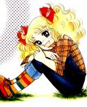  70s artist_request blonde_hair bow candice_white_ardlay candy_candy grass green_eyes hair_bow highres igarashi_yumiko jumper leg_hug looking_at_viewer official_art oldschool open_mouth pants_rolled_up sitting sleeves_folded_up smile socks solo star starry_background striped striped_socks twintails 