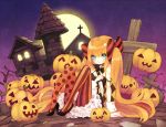  alternate_hair_color aqua_eyes cross full_moon halloween hatsune_miku high_heels jack-o&#039;-lantern jack-o'-lantern knife long_hair moon night orange_hair pantyhose polka_dot polka_dot_legwear shoes sitting solo strap_slip takio twintails vertical-striped_legwear vertical_stripes very_long_hair vocaloid wrist_cuffs 