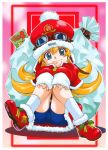  1girl blonde_hair blue_eyes boots character_request goggles goggles_on_hat hat inoue_sora knees_on_chest long_hair sack santa_hat shorts sitting socks solo winter_coat 