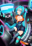  aqua_eyes aqua_hair elbow_gloves fingerless_gloves fu-ta gloves hatsune_miku highres holographic_interface instrument keyboard_(instrument) long_hair sitting smile solo thigh-highs thighhighs twintails very_long_hair vocaloid 