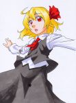  ahoge ascot blonde_hair bow hair_bow kawachi_koorogi long_sleeves open_mouth outstretched_arms red_eyes rumia short_hair simple_background solo spread_arms touhou vest 