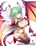  bat blush boots breasts character_request choker cleavage demon_girl demon_tail demon_wings detached_sleeves earrings foreshortening gloves heart heart_earrings horns jewelry keible large_breasts long_hair midriff navel official_art ragna_cross simple_background solo tail tattoo thigh-highs thighhighs white_background white_gloves wings wink 