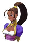  antenna_hair arabian_clothes blue_eyes breasts brown_hair bust capcom cleavage dark_skin earrings jewelry lips long_hair necklace official_art ponytail pullum_purna sash smile solo street_fighter street_fighter_ex vest 