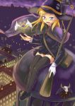 black_legwear blonde_hair blue_eyes blush broom building cape hat holding long_hair looking_at_viewer necktie open_mouth original sitting skirt solo thigh-highs thighhighs witch_hat yasojima_nejiro 