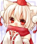  animal_ears bare_shoulders blush detached_sleeves fang hands_together hat highres inubashiri_momiji looking_at_viewer open_mouth pom_pom_(clothes) red_eyes red_scarf sad_fuka scarf short_hair silver_hair sleeves_past_wrists solo tassel tokin_hat touhou wide_sleeves wolf_ears 