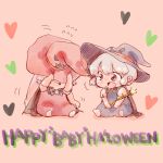  baby blue_dress cape dress fujiwara_no_mokou grey_eyes halloween_costume happy_halloween hat hat_tug heart kamishirasawa_keine komaku_juushoku long_hair multiple_girls open_mouth red_dress short_hair silver_hair sitting staff touhou witch_hat young 