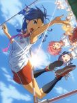  :d blue_eyes blue_hair clenched_teeth cloud gym_shorts gym_uniform hairband high_jump holding lens_flare multiple_girls necktie open_mouth original pairan pink_eyes pink_hair pointy_ears red_eyes shorts sky smile sports_festival sunlight track_and_field 
