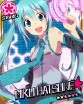  aqua_eyes aqua_hair binary character_name cinderella_girls_card_parody detached_sleeves hatsune_miku headset long_hair necktie open_mouth pointing skirt solo star twintails uso_(ameuzaki) very_long_hair vocaloid 