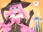  blue_eyes blush breast_envy breasts brooch elbow_gloves embarrassed gloves halloween hat hatsune_miku highres jewelry kagamine_rin large_breasts leek megurine_luka pink_hair spring_onion squiggle sweatdrop temari_(artist) temari_(deae) vocaloid witch witch_hat yellow_background 