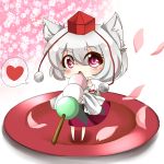  animal_ears bare_shoulders blush chibi dango detached_sleeves eating food hat heart highres inubashiri_momiji open_mouth oumi_hi petals plate red_eyes short_hair skirt solo tail tokin_hat touhou wagashi white_hair wide_sleeves wolf_ears wolf_tail 