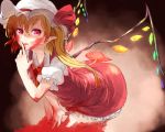  blonde_hair blood blood_on_face dress flandre_scarlet hat hat_ribbon highres ibuki_notsu licking_finger pointy_ears red_eyes ribbon side_ponytail solo tongue tongue_out touhou wings 