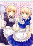  ahoge apron blonde_hair breasts dark_persona dual_persona fate/stay_night fate_(series) frills frown green_eyes hair_ribbon heart maid maid_headdress multiple_girls nailad ribbon saber saber_alter smile tray wrist_cuffs yellow_eyes 