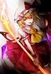  ascot blonde_hair blood blood_on_face blood_on_fingers colored_eyelashes flandre_scarlet hakoremi hat hat_ribbon holding laevatein open_mouth red_eyes ribbon short_hair side_ponytail signature skirt slit_pupils smile smirk solo touhou wings wrist_cuffs 