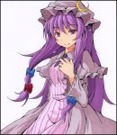  ballpoint_pen_(medium) capelet crescent dress frame hair_ribbon hat long_hair long_sleeves looking_at_viewer marker_(medium) open_clothes open_coat pastel_(medium) patchouli_knowledge purple_dress purple_eyes purple_hair ribbon s-syogo shikishi smile solo striped striped_dress touhou traditional_media very_long_hair violet_eyes wide_sleeves 