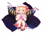  1girl :d ascot blonde_hair flandre_scarlet long_hair looking_at_viewer mame_(yangqi787) mary_janes mob_cap open_mouth orange_eyes shoes side_ponytail sitting smile solo touhou wings 