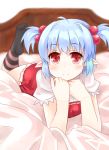  aa-rance bed blue_hair blurry blush elf hair_bobbles hair_ornament looking_at_viewer lying on_stomach original pointy_ears red_eyes smile socks solo striped striped_socks twintails 