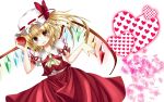  apple ascot blonde_hair bow flandre_scarlet food fruit hat hat_ribbon heart highres looking_at_viewer oumi_hi red_eyes ribbon short_hair side_ponytail skirt smile solo touhou wings 