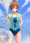  &gt;:o brown_hair chuunibyou_demo_koi_ga_shitai! collarbone hair_ornament hairclip highres holding hose looking_at_viewer nibutani_shinka one-piece_swimsuit rasukaru red_eyes school_swimsuit sleeves_rolled_up solo swimsuit swimsuit_under_clothes water wet wet_clothes wet_shirt 