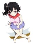  araragi_karen ascot barefoot black_eyes black_hair casual erect_nipples from_above long_hair monogatari_(series) nisemonogatari ookanehira side_ponytail sitting skirt sleeveless 