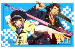  1girl alvin_(tales_of_xillia) beard blue_background brown_eyes brown_hair facial_hair formal green_eyes hat housui_(g3hopes) jacket leia_roland necktie short_hair smile staff suit sword tales_of_(series) tales_of_xillia tales_of_xillia_2 title_drop weapon 