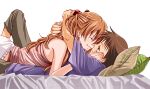  1girl amelie brown_hair couple hair_ornament hand_on_another&#039;s_face hand_on_another's_face hug ikari_shinji lying neon_genesis_evangelion orange_hair pillow smile soryu_asuka_langley souryuu_asuka_langley 