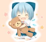  :d ^_^ blue_dress blue_hair bow cirno closed_eyes dress eyes_closed hair_bow oniku-chan open_mouth puffy_sleeves short_hair short_sleeves sitting smile solo stuffed_animal stuffed_toy teddy_bear touhou wariza wings 