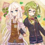  :q bespectacled braid glasses green_eyes green_hair gumi hair_ornament hairclip ia_(vocaloid) looking_at_viewer mikippa multiple_girls pink_hair short_hair shorts skirt smile sriped_legwear striped striped_legwear tongue twin_braids vocaloid 