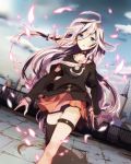  ahoge bare_shoulders blue_eyes braid dutch_angle highres ia_(vocaloid) long_hair off_shoulder open_mouth outdoors pink_hair single_thighhigh skirt solo sotsunaku thigh-highs thigh_strap thighhighs twin_braids very_long_hair vocaloid 