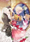 blonde_hair brown_hair bunny_ears couple dancing different_reflection dress fireworks flower formal furry gloves hand_holding high_ponytail holding_hands mirror ohime-sama_debut ponytail rabbit_ears red_eyes reflection rose sparkle suit tiara white_rose 