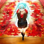  autumn boots coat eiji_(eiji) glasses green_eyes hatsune_miku leaf scarf skirt sweater twintails vocaloid 