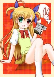  1girl :d blonde_hair blush camera female flipper hair_ribbon heterochromia holding long_hair lyrical_nanoha mahou_shoujo_lyrical_nanoha_vivid open_mouth red_ribbon ribbon sacred_heart school_uniform short_sleeves skirt smile socks two_side_up very_long_hair video_camera vivio 