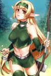  bare_shoulders blonde_hair bow_(weapon) breasts brown_eyes elf green_legwear hairband holding long_hair navel original pointy_ears quiver solo thigh-highs thighhighs tsuki_tokage weapon 