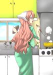  apron blush cooking from_behind glasses head_scarf highres japanese_clothes kimono kitchen ladle long_hair looking_back lucky_star open_mouth pink_hair purple_eyes smile solo steam stove takara_miyuki violet_eyes window y-square 
