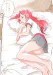  1girl aikatsu! artist_name bare_legs barefoot bed bed_sheet long_hair lying miniskirt on_side otoshiro_seira pillow pillow_hug redhead shinoasa sketch skirt sleeping solo translation_request twitter_username 