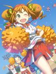  ;d arms_up blue_hair blush brown_hair cheerleader dutch_angle fang flag green_eyes holding leg_up multiple_girls navel open_mouth original pairan petals pleated_skirt pom_poms side_ponytail skirt sky smile sports_festival twintails wind wink 