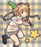  baseball baseball_bat blonde_hair blue_eyes hair_ribbon kamikita_komari little_busters!! nah plaid plaid_background plaid_skirt ribbon school_uniform short_hair skirt star wink 