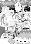  detached_sleeves frog_hair_ornament fuuzasa hair_ornament hakurei_reimu highres horn hoshiguma_yuugi ibuki_suika kirisame_marisa kochiya_sanae long_hair monochrome multiple_girls touhou translated translation_request 