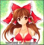  bikini blush bow breasts brown_eyes brown_hair bust cleavage detached_sleeves front-tie_top hair_bow hair_tubes hakurei_reimu large_breasts long_hair nightmare77zx smile solo swimsuit touhou traditional_media 