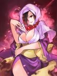  aura beads between_breasts black_hair breasts cleavage hair_over_one_eye highres hood japanese_clothes jewelry large_breasts mole necklace oboro_keisuke ookami_(game) parted_lips prayer_beads rao red_eyes solo talisman 