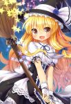  &gt;:d :d blonde_hair blush bow broom brown_eyes dress hair_bow hat highres kirisame_marisa long_hair nail_polish open_mouth silver15 smile solo star touhou witch_hat yellow_eyes 
