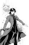  cassock coat fate/stay_night fate_(series) flower greyscale kotomine_kirei monochrome mullet outstretched_arms smile solo toroakikan 
