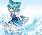  blue_eyes blue_hair bow cirno dress flower hair_bow highres ice ice_wings looking_at_viewer oumi_hi puffy_sleeves ribbon short_hair short_sleeves smile solo touhou wings 