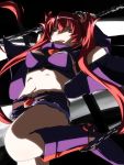  arcana_heart arcana_heart_3 arms_up belt boots breasts cape chain chains detached_sleeves highres long_hair midriff navel red_eyes red_hair redhead scharlachrot shorts tongue twintails very_long_hair 