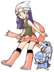  1girl anger_vein beanie bird blue_hair full_body hair_ornament hat hikari_(pokemon) penguin piplup pokemon pokemon_(creature) pokemon_(game) pokemon_dppt scarf tegaki tenzaru_(tegaki) totodile 