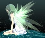  barefoot dress green_eyes green_hair haruno_(macoro) highres long_hair saya saya_no_uta solo water white_dress wings 