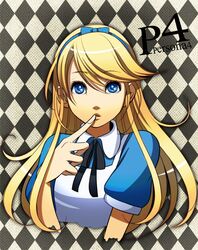  alice_(wonderland) alice_(wonderland)_(cosplay) alice_in_wonderland apron blonde_hair blue_eyes bust choumoku_(toriko_b_c) cosplay crossdressinging dress finger_on_lips hairband kuma_(persona_4) long_hair looking_at_viewer patterned_background persona persona_4 solo title_drop trap 