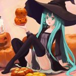  aqua_eyes aqua_hair arm_support halloween hat hatsune_miku jack-o&#039;-lantern jack-o'-lantern long_hair oaw open_mouth pumpkin sitting solo thigh-highs thighhighs twintails very_long_hair vocaloid witch_hat 