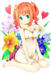  barefoot blush dress flower green_eyes heart idolmaster murakami4949 orange_hair sitting smile solo takatsuki_yayoi twintails wariza 