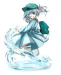  backpack bag blue_eyes blue_hair hair_bobbles hair_ornament hat highres kawashiro_nitori key open_mouth oumi_hi short_hair smile solo touhou twintails water wink 
